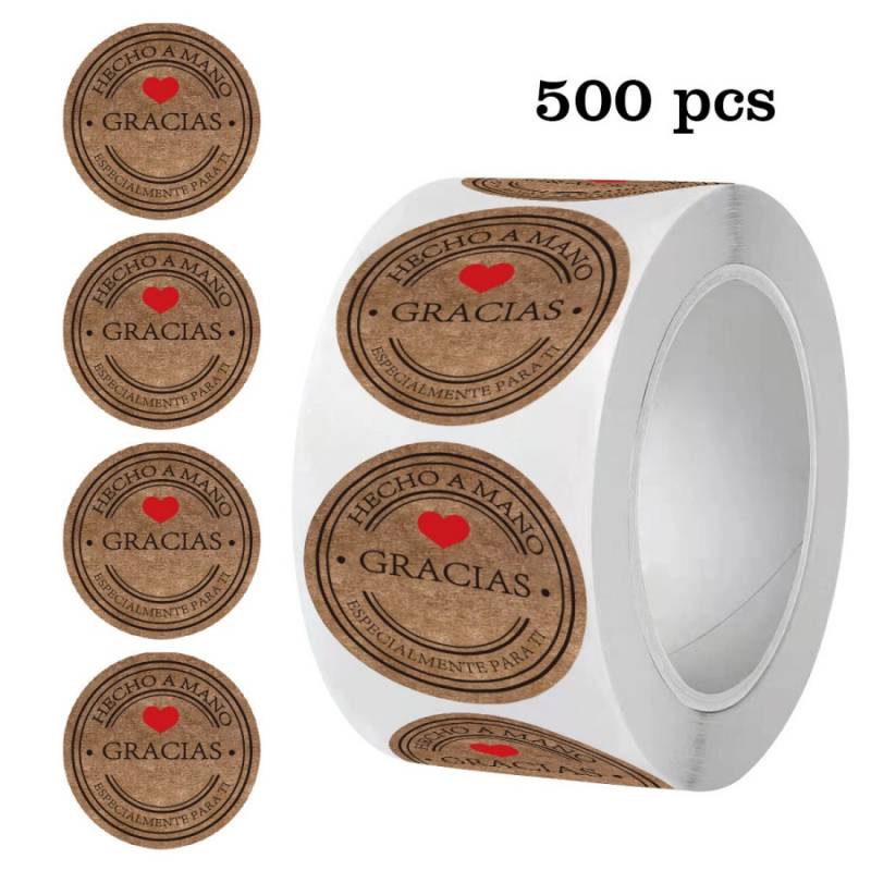 Label Sticker Round - 500 個スペイン語ありがとうステッカーホリデーベーキング封筒ギフト包装シール装飾ステッカーラウンドクラフト紙ラベル