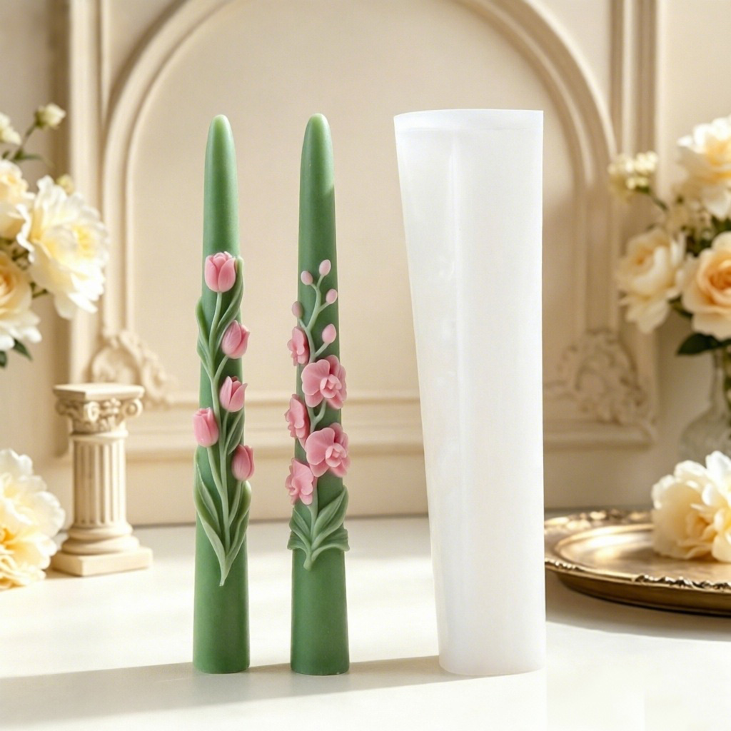 Candle Making Reno - ロングポールフラワーテーパーキャンドルシリコンモールド3Dエンボス加工チューリップオーキッド型ソイワックスキャンドル作りホームデコレーションギフト用