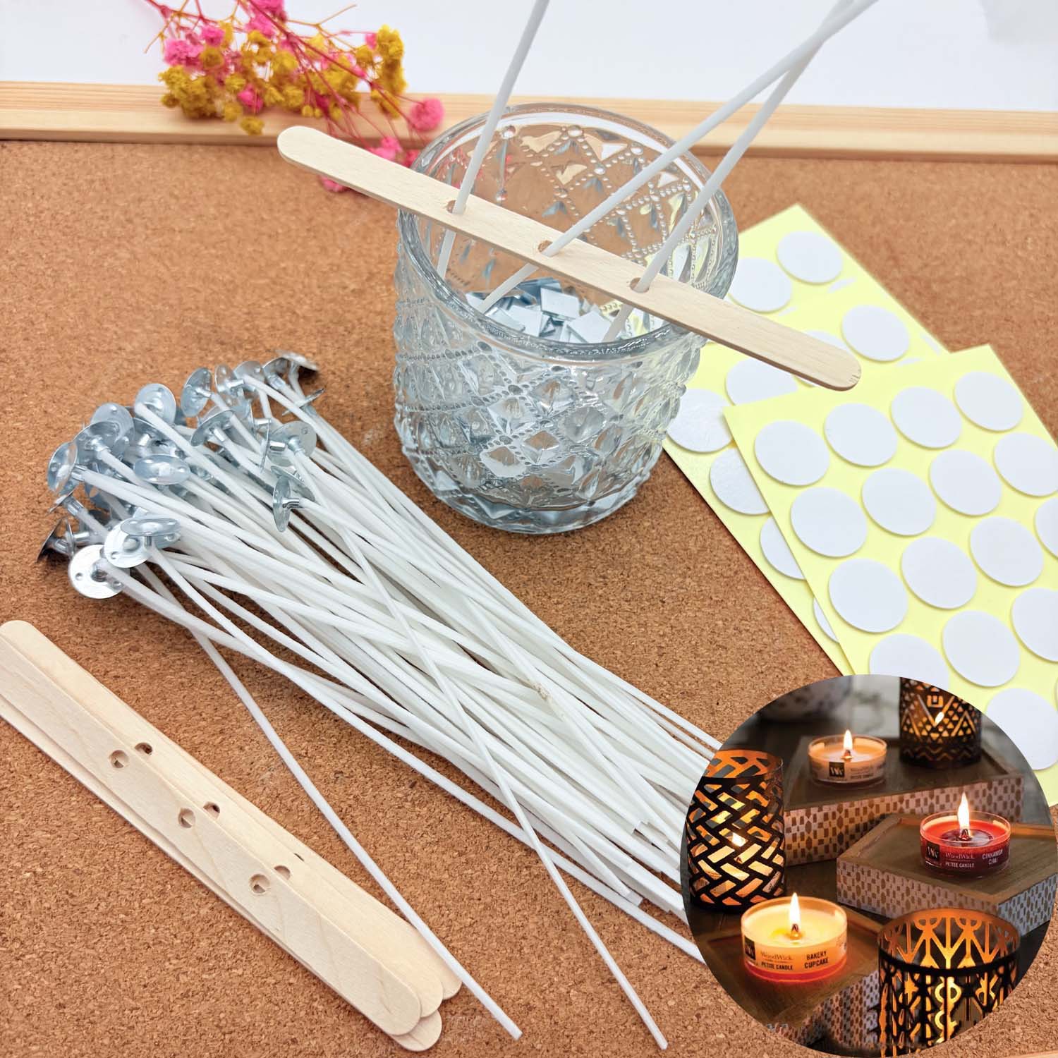 Candle Making Reno - 1セットのキャンドル作りDIYキット、無煙キャンドル、綿芯、金属製サステナータブ付きワックスコート芯、キャンドルDIY作成用木製ホルダー